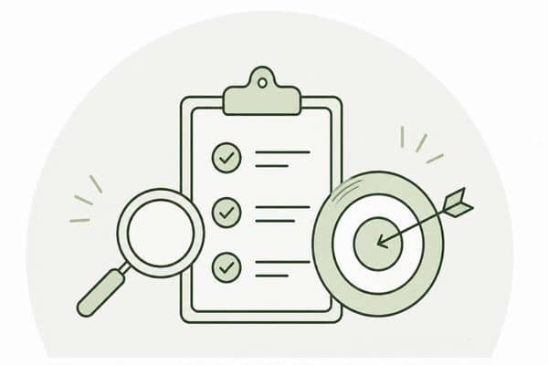 Illustration Fokus und Klarheit mit Klemmboard, Lupe und Zielscheibe