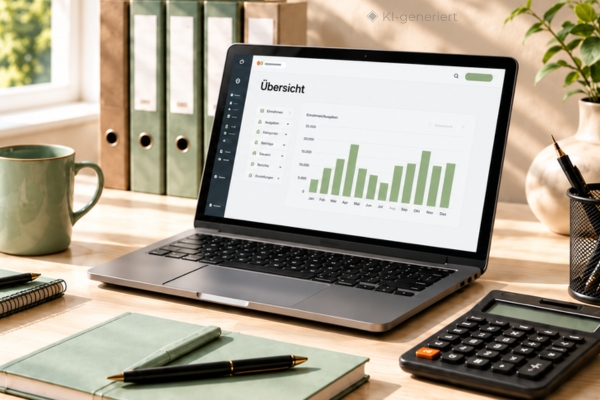 Schreibtisch mit Laptop mit Grafik, Notizbuch, Stift, Tasse, Pflanze | Digitale Buchhaltung